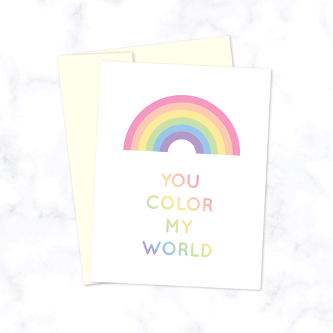You Color My World Greeting Card with Pastel Rainbow for Valentine's Day, Anniversary, or Birthday - Size A2 Blank Inside Includes Cream Envelope