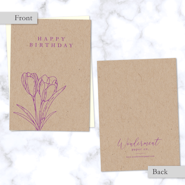 Minimal Floral Happy Birthday Card - Front and Back View - with Purple Tulips on Kraft Paper - Cream Envelope Included