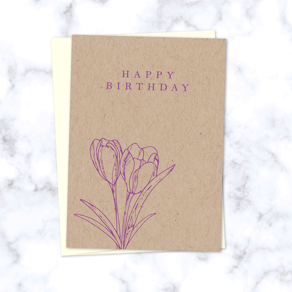 Minimal Floral Happy Birthday Card with Purple Tulips on Kraft Paper - Cream Envelope Included
