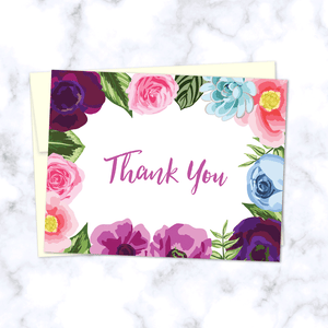 Floral Border Thank You Card_Pink Purple and Blue Flowers and Leaves Border_Front of Card with Cream Envelope