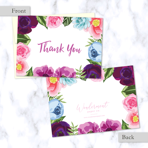Floral Border Thank You Card_Pink Purple and Blue Flowers and Leaves Border_Front and Back of Card