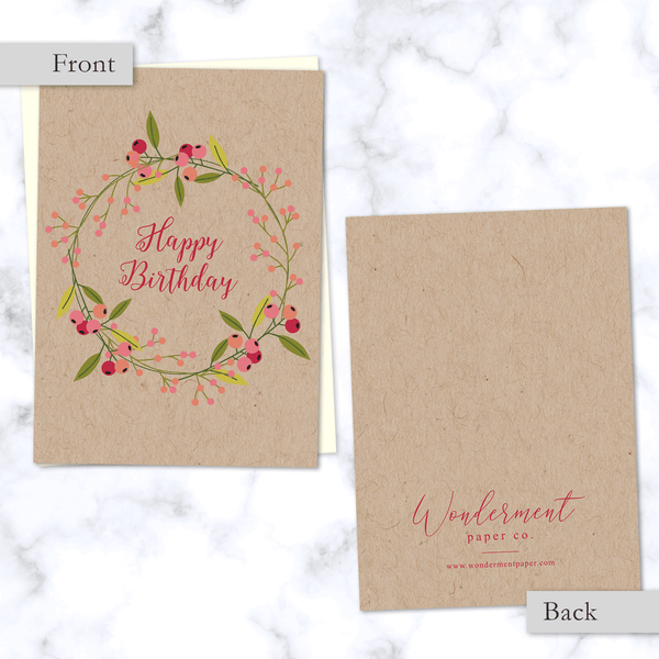 Floral Olive Branch Wreath Happy Birthday Card - Front and Back View on Kraft Paper - Cream Envelope Included