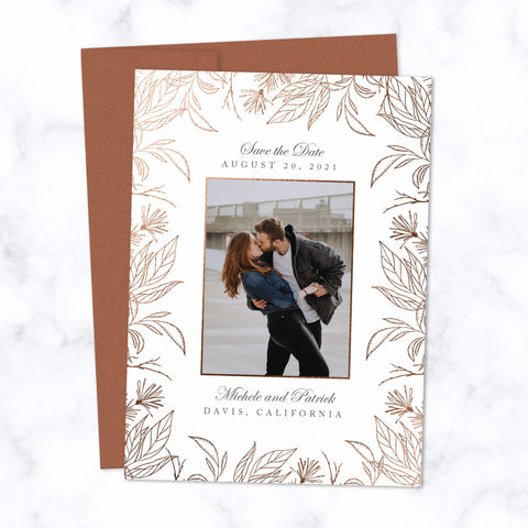 Copper Foil Botanical Frame Save the Date Card Personalized with Photo and Details shown with matching Copper envelope