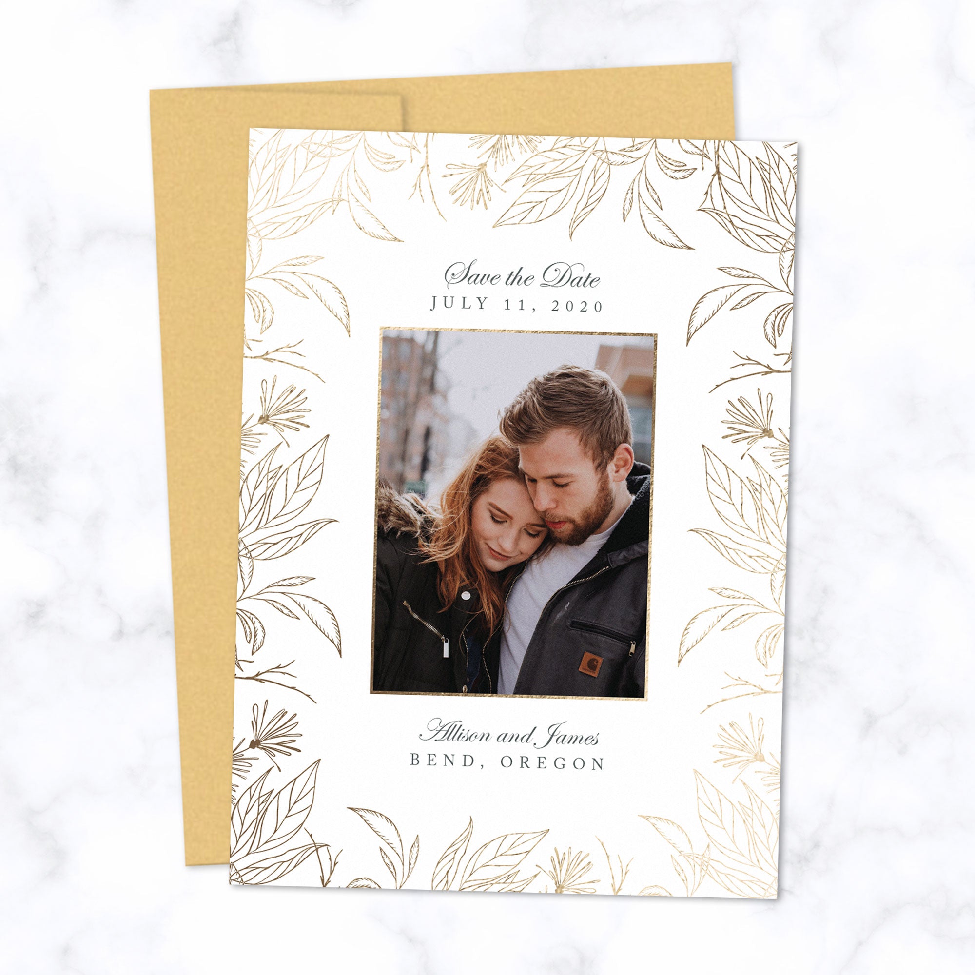 Gold Foil Botanical Frame Save the Date Card Personalized with Photo and Details shown with matching Gold envelope