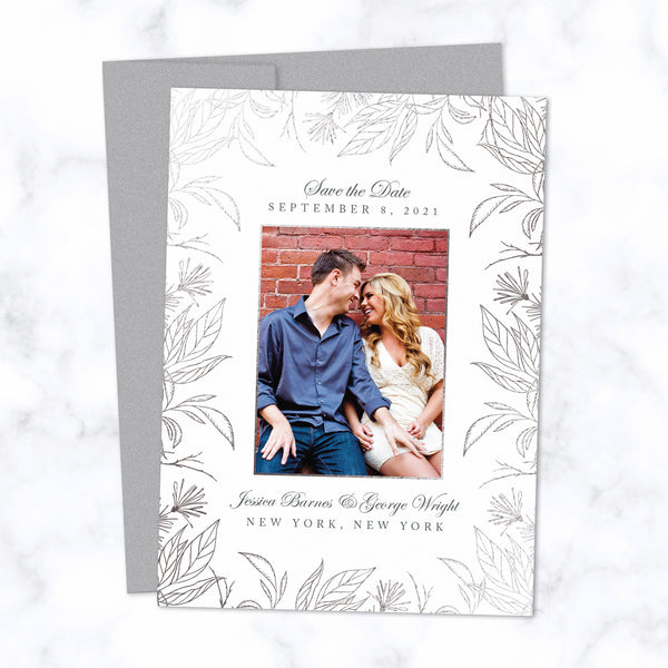 Silver Foil Botanical Frame Save the Date Card Personalized with Photo and Details shown with matching Silver envelope
