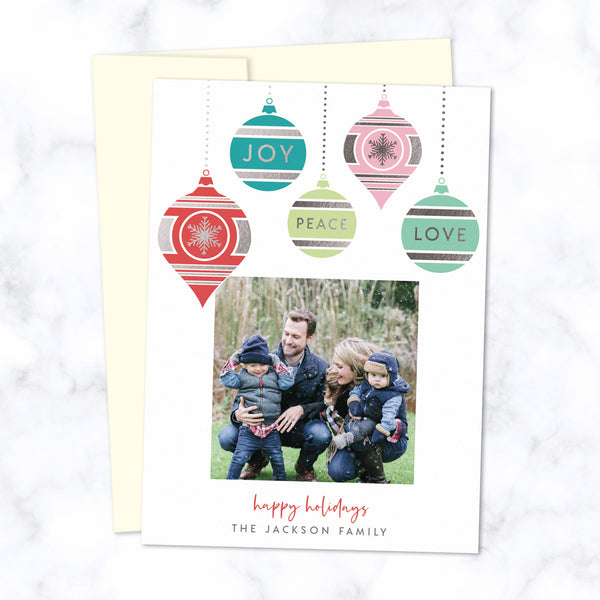 Christmas Photo Card with Silver Foil Pressed Colorful Dangling Ornaments - Custom Printed Card with One Square Photo, Family Name, with Cream Envelopes