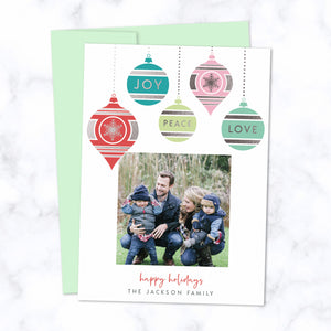 Christmas Photo Card with Silver Foil Pressed Colorful Dangling Ornaments - Custom Printed Card with One Square Photo, Family Name, with Mint Green Envelopes