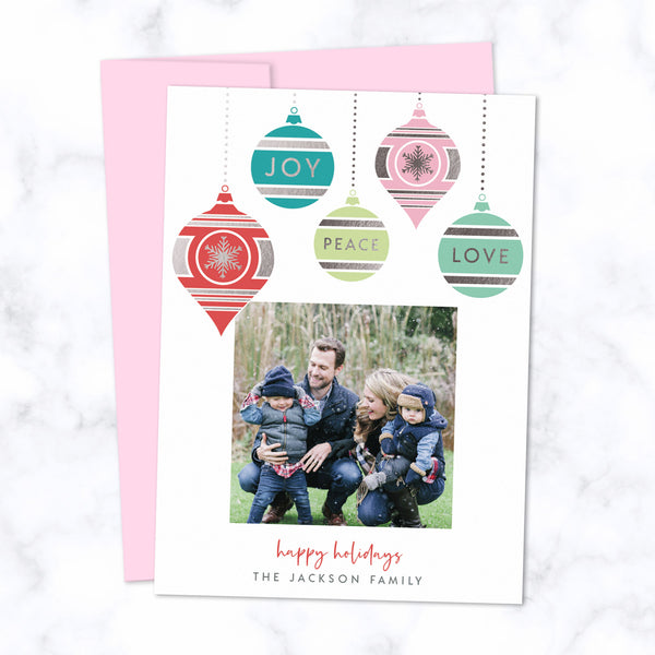 Christmas Photo Card with Silver Foil Pressed Colorful Dangling Ornaments - Custom Printed Card with One Square Photo, Family Name, with Pink Envelopes