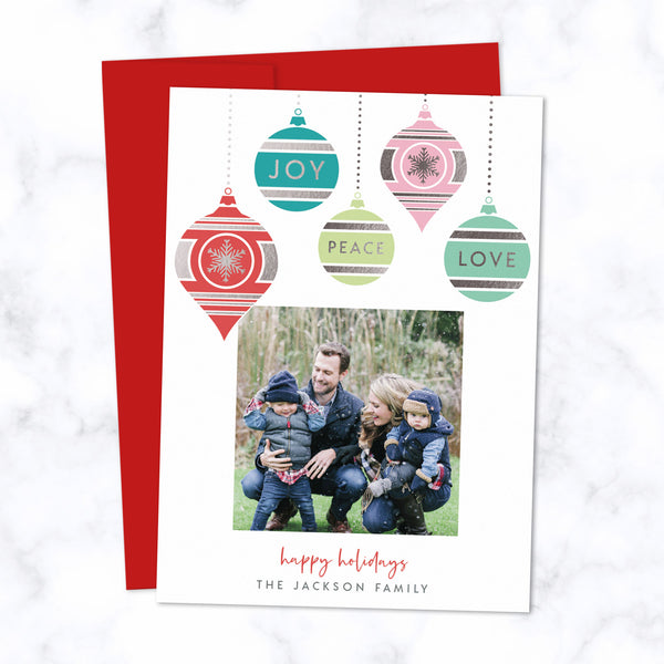 Christmas Photo Card with Silver Foil Pressed Colorful Dangling Ornaments - Custom Printed Card with One Square Photo, Family Name, with Red Envelopes