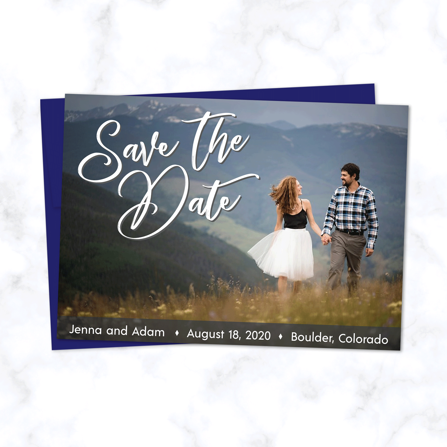 Full Photo Wedding Save the Date Card with Sapphire / Navy Blue Envelopes - Landscape Orientation with Full Color Photograph