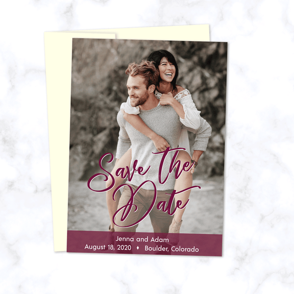 Full Photo Wedding Save the Date Card with Burgundy Highlight Color and Cream Envelopes - Portrait Orientation with Full Color Photograph