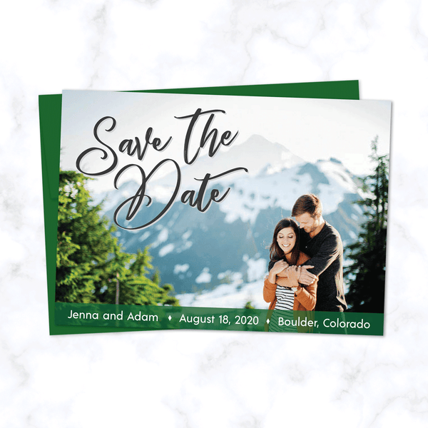 Full Photo Wedding Save the Date Card with Forest Green Highlight Color and Matching Green Envelopes - Landscape Orientation with Full Color Photograph