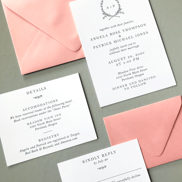 Full Wedding Invitation Set Close Up- The Ophelia Suite - Minimal Floral Monogram Wedding Invitation Collection in White and Pink