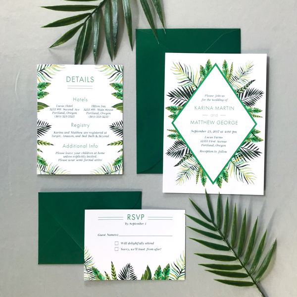 Full Wedding Invitation Set with RSVP and Details Card - The Callisto Suite - Tropical Palm Leaves Wedding Invitation Suite