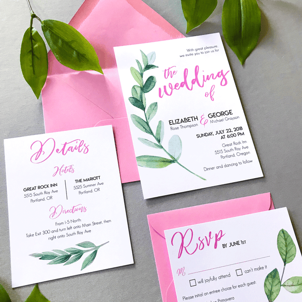 Full Wedding Stationery Set - Miranda Suite - Pink and Watercolor Green Leaf Wedding Suite
