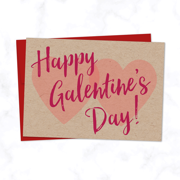 Galentine's Day Card - Two Hearts and Modern Cursive Script with phrase "Happy Galentine's Day" - Valentine's Day Card for Friend - Red Envelope Included