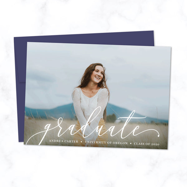 Graduation Announcement Photo Card with Elegant Cursive Font and Full Photo Background, Shown with Sapphire Blue Envelope