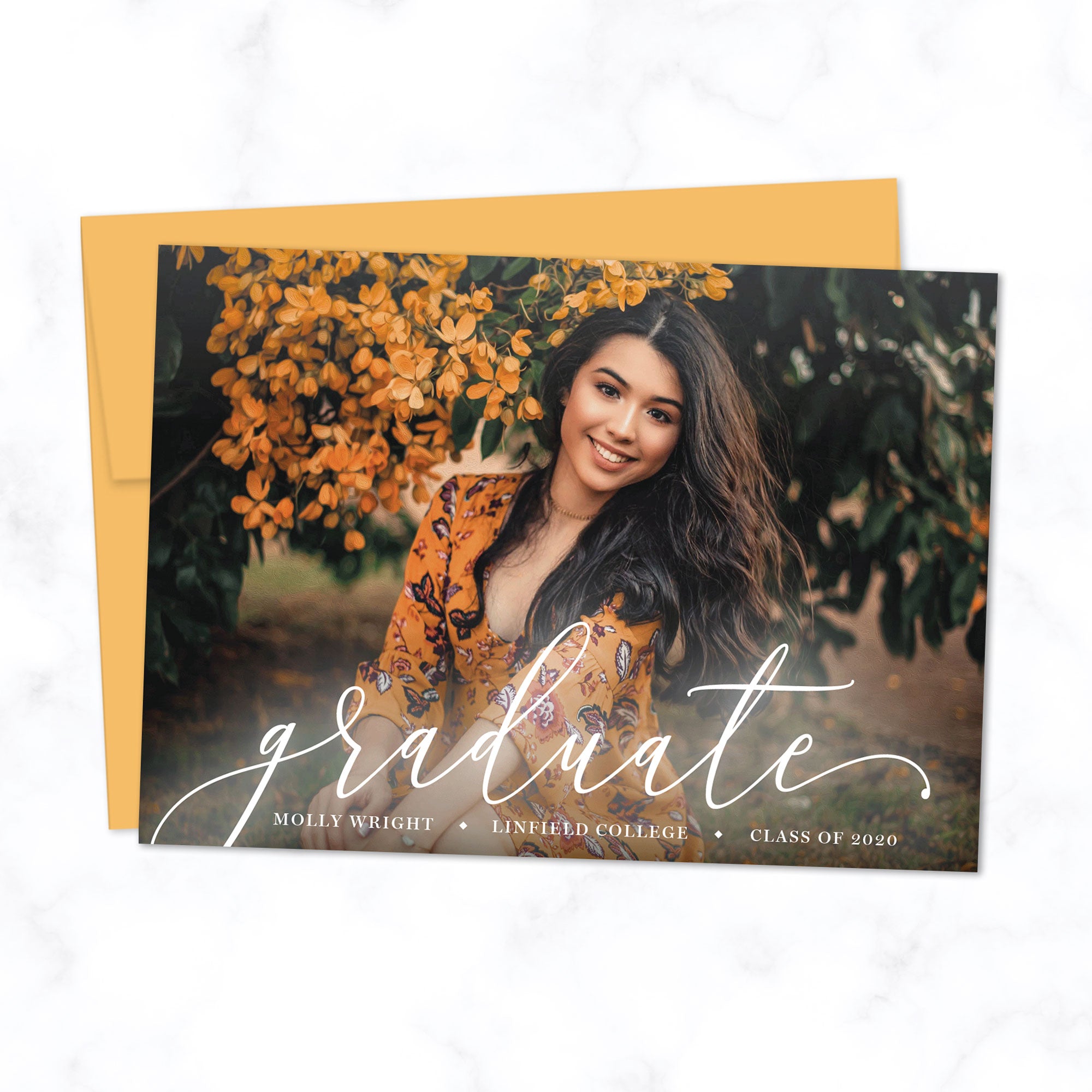 Graduation Announcement Photo Card with Modern Elegant Script Font and Full Photo Background, Shown with Citrine Orange Envelope