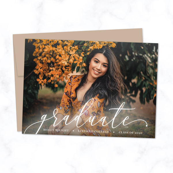 Graduation Announcement Photo Card with Modern Elegant Script Font and Full Photo Background, Shown with Harvest Envelope