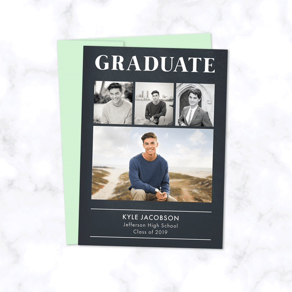 Classic Graduation Announcement Card with Four Photos and Modern Simple Typography with Dark Chalkboard Gray Background - Envelopes Included - Shown with Pistachio Green Envelope