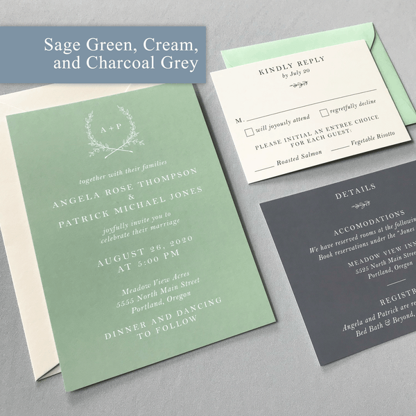 Sage Green, Charcoal Grey, and Cream colored Wedding Invitation Samples - The Ophelia Suite