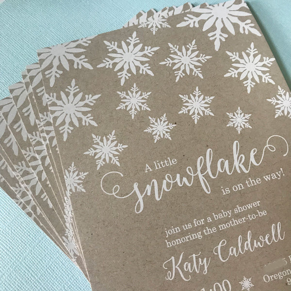 Winter Snowflake Baby Shower Invitation with White Ink on Kraft Paper by Wonderment Paper Co