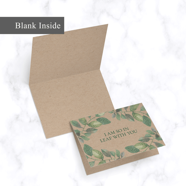 So in Leaf with You Illustrated Card - Inside View - Blank Inside - with Watercolor Leaf Illustration on Front - for Valentine's Day or Anniversary - on Kraft paper with Green Envelope Included
