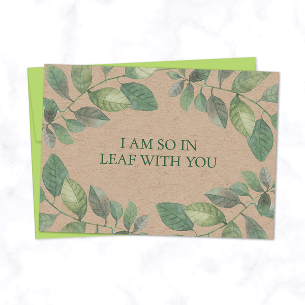 So in Leaf with You Illustrated Card with Watercolor Leaf Illustration for Valentine's Day or Anniversary - on Kraft paper with Green Envelope Included