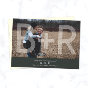 Initials Overlay Full Photo Save the Date Wedding Cards with Envelopes included - Shown with Charcoal Grey Highlight and Cream Envelope