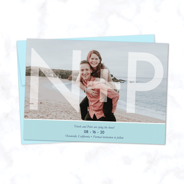 Initials Overlay Full Photo Save the Date Wedding Cards with Envelopes included - Shown with Light Blue Highlight and Matching Envelope