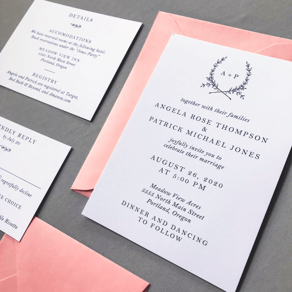 Invitation Close up with Details Card and RSVP in white and Candy Pink - The Ophelia Suite - Minimal Floral Monogram Wedding Invitation Collection