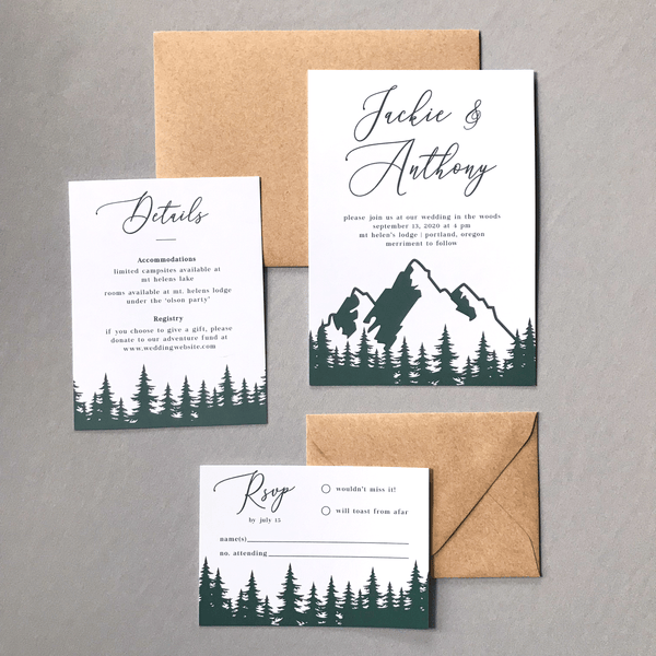 Invitation with RSVP and Details Card - The Aurora Suite - Mountains in the Woods Wedding Theme