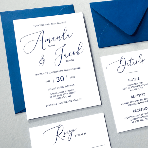 Invitation Close up with RSVP and Details Card - The Cressida Suite - Minimal Large Script Wedding Collection