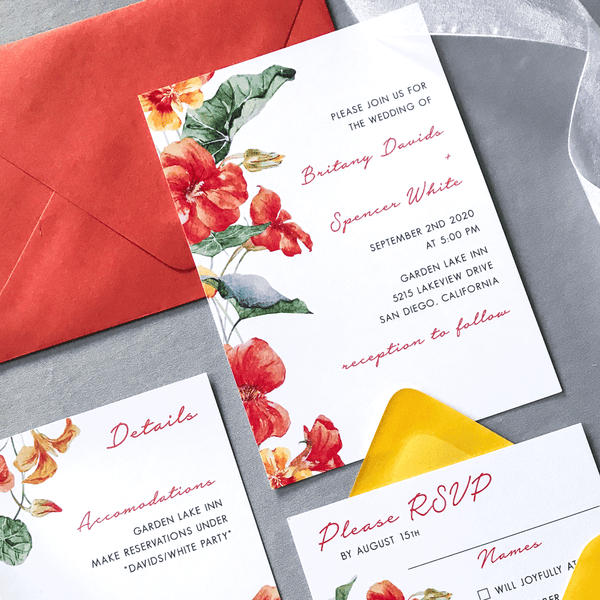 Invitation Close up with Details and RSVP Card - The Bianca Suite - Burnt Orange and Yellow Watercolor Floral Wedding Suite
