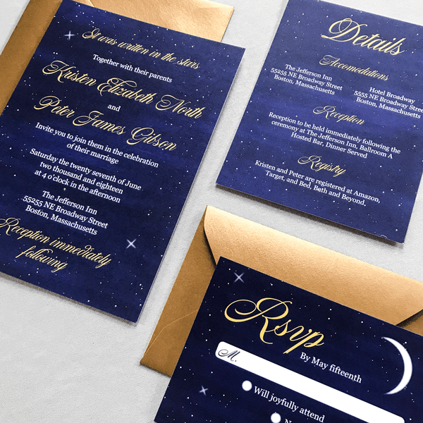 Invitation Close Up with Details and RSVP Card - the Luna Suite - Written in the Stars wedding Theme