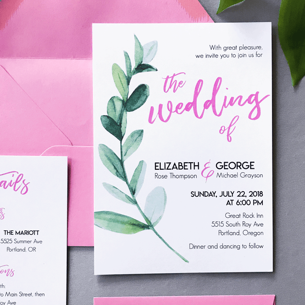 Pink-and-Green-Leaf-Wedding-Suite-Invitation-and-Pink-Envelope