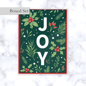 Joy Boxed Christmas Card Set with Emerald Green Floral Holly Berry Pattern - Red Envelope Included