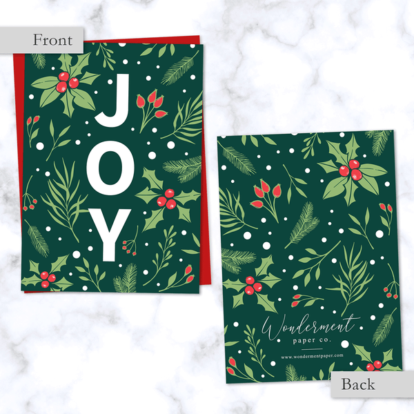 Joy Christmas Card Front and Back View - with Emerald Green Floral Holly Berry Pattern - Red Envelope Included