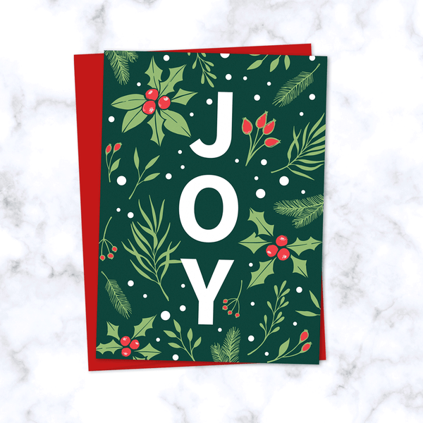 Joy Christmas Card with Emerald Green Floral Holly Berry Pattern - Red Envelope Included