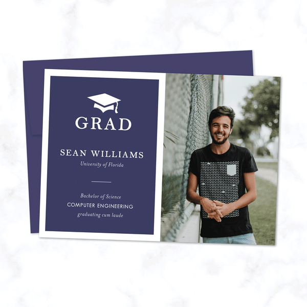 Grad Announcement Card in Navy Blue - Minimal Modern Card with One Senior Portrait Photo and Custom Colors - Shown in Dark Blue with Sapphire Blue Envelope Included