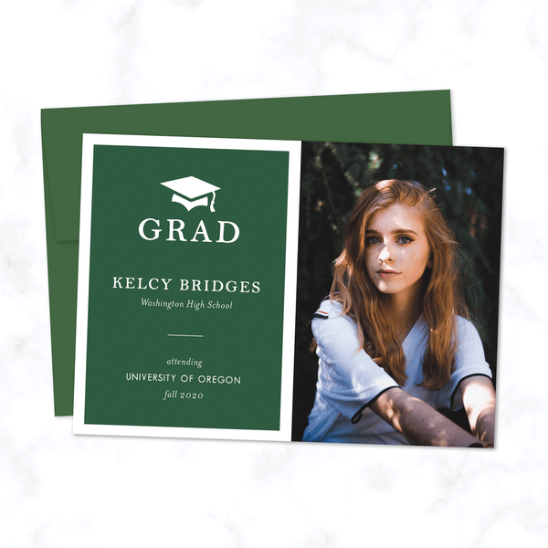 Minimal Graduation Announcement with Photo, Modern Typography, and Grad Cap. High School or College Commencement Cards - Choose Any Color - Shown in Green with Matching Envelope
