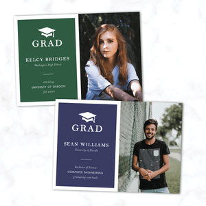 Minimal Graduation Announcement with Photo, Modern Typography, and Grad Cap. High School or College Commencement Cards - Choose Any Color - Shown in Green and Blue