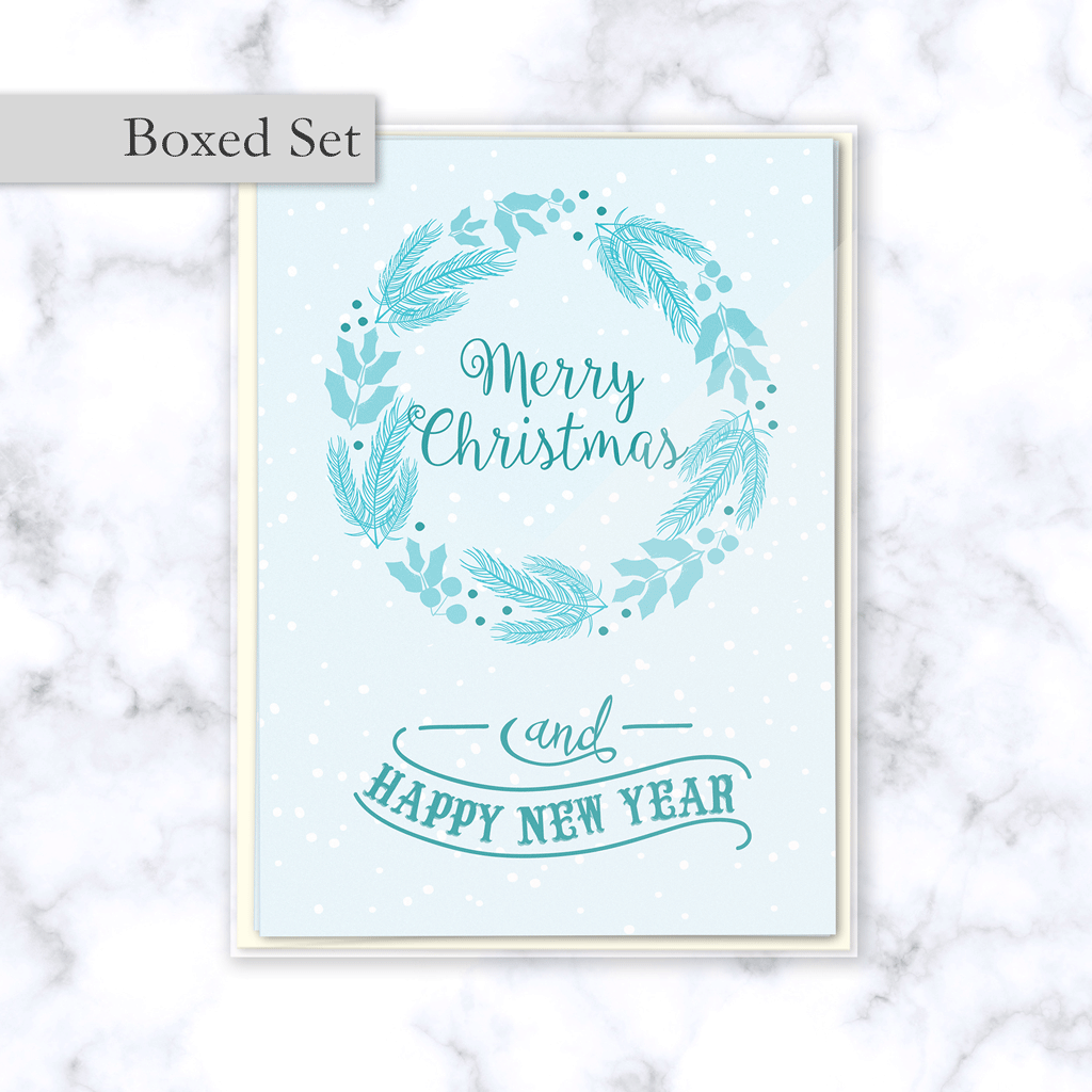 Light Blue Merry Christmas and Happy New Year Boxed Greeting Card Set with Winter Floral Wreath - Four Cards & Envelopes Included