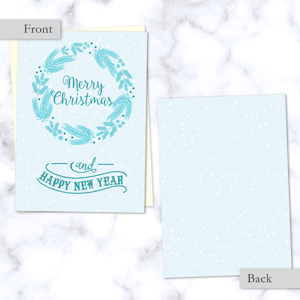 Front and Back View. Merry Christmas and Happy New Year Light Blue Winter Wreath Folded Christmas Card with Envelope