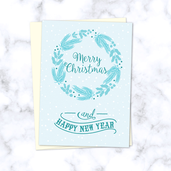 Merry Christmas and Happy New Year Light Blue Winter Wreath Folded Christmas Card with Envelope