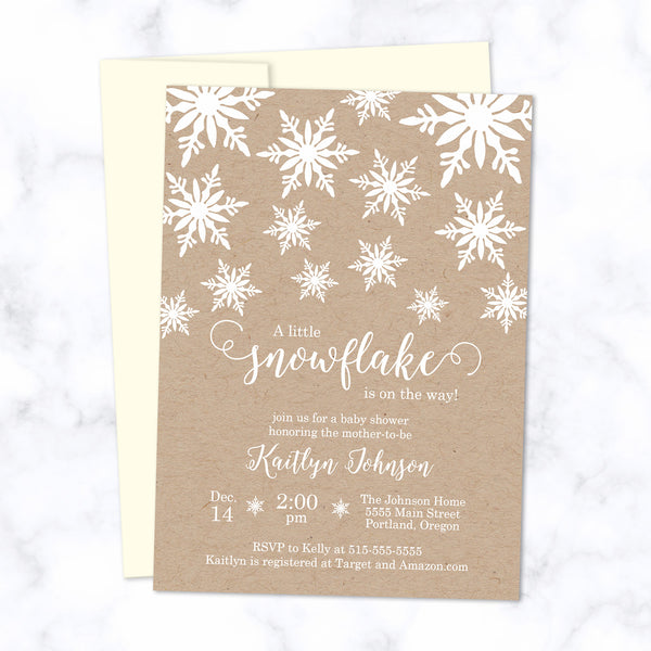 Little Snowflake Baby Shower Invitations printed with white ink on natural brown kraft paper - with cream envelope - size A7