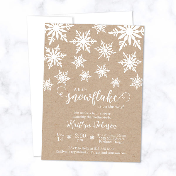 Little Snowflake Baby Shower Invitations printed with white ink on natural brown kraft paper - with white envelope - size A7