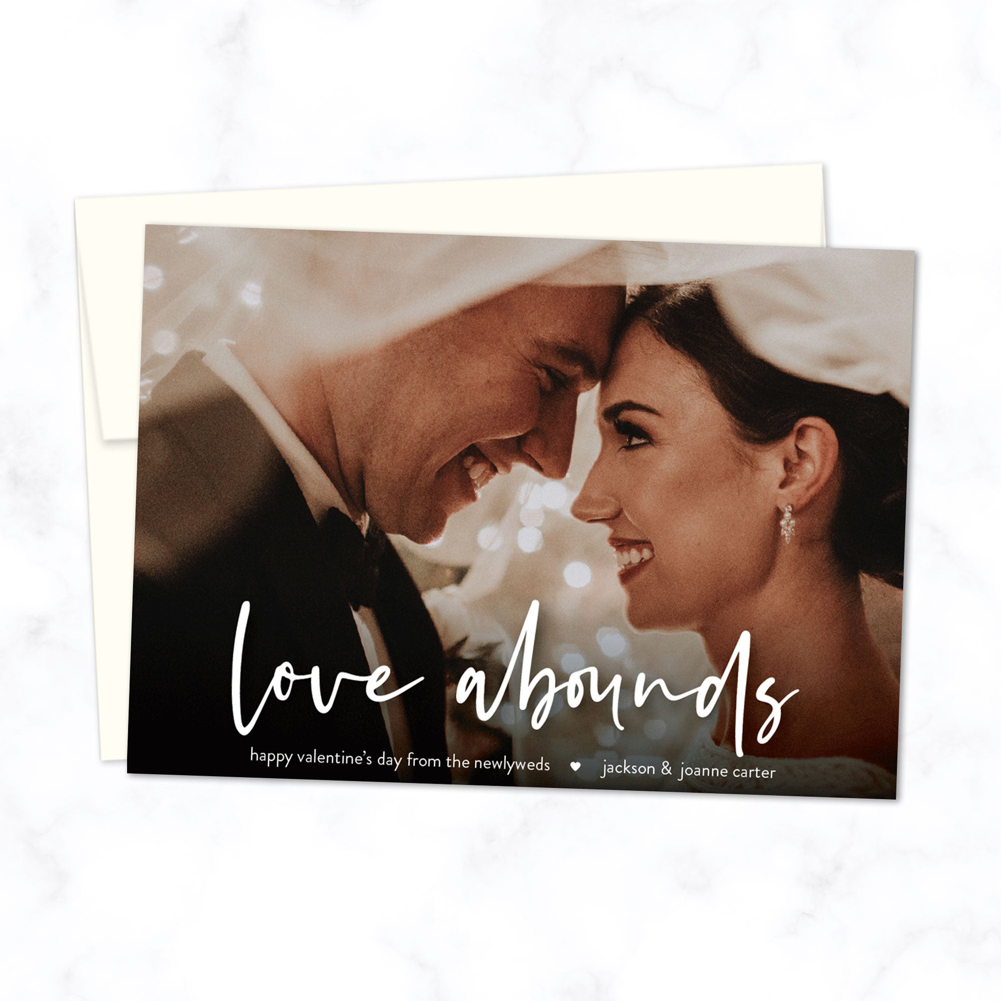 Valentine's Day / wedding newlyweds Custom Photo Card with Full Photo Background and Modern Script Font "love abounds" - Custom printed A7 cards with envelopes