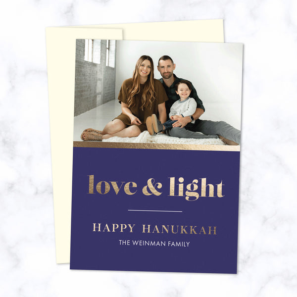 Hanukkah Photo Cards with Gold Foil-Pressed Love & Light and Happy Hanukkah and Family Name with Cream Envelope