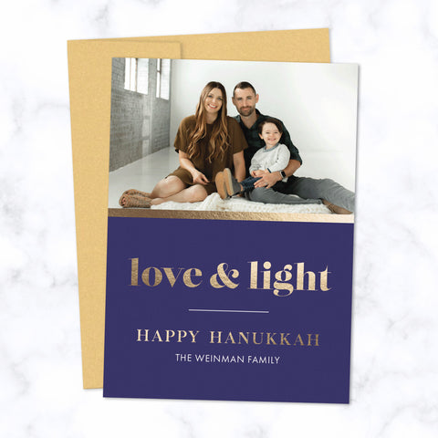 Hanukkah Photo Cards with Gold Foil-Pressed Love & Light and Happy Hanukkah and Family Name with Gold Envelope